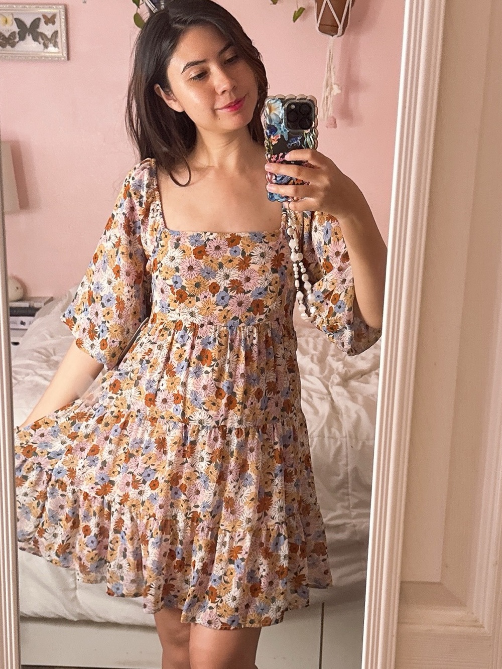 Together Floral Square-Neck Tiered Mini Multicolor dress